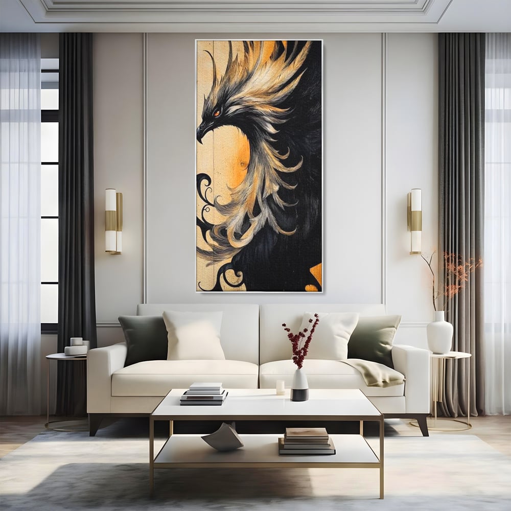 Tablou canvas cu tablou canvas cu pasare mitologica phoenix, in rama de aluminiu argintiu, pe perete intr-un living